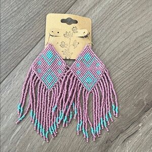 Pink and Blue Beaded Fringe Earrings